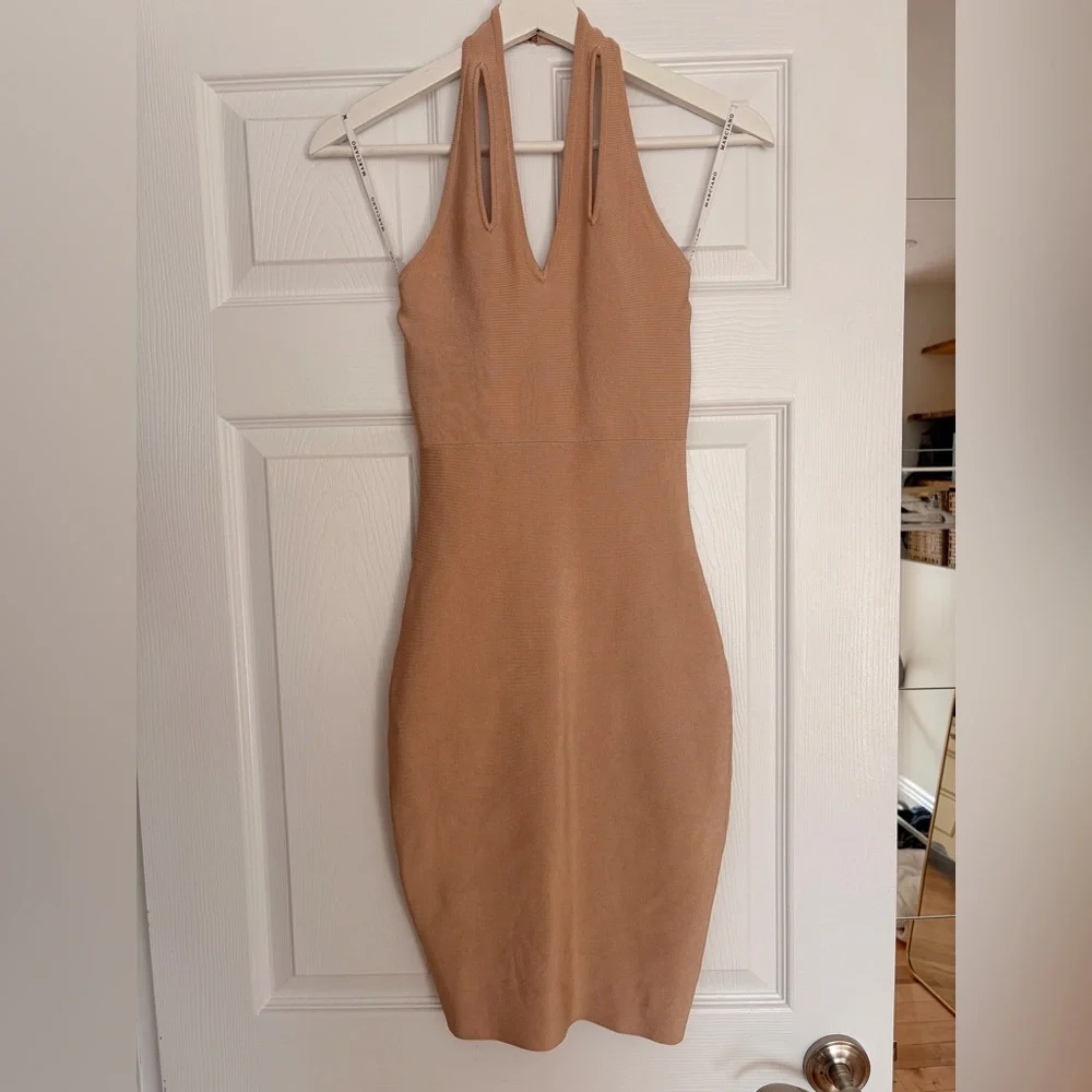 Marciano Chic Tan Backless Dress nude Bodycon bandage midi dress sexy party chic - Picture 2 of 8